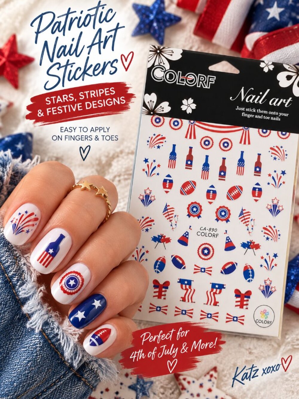 Patriotic Nail Art Stickers 4th July USA Football BBQ Fireworks Red White Blue